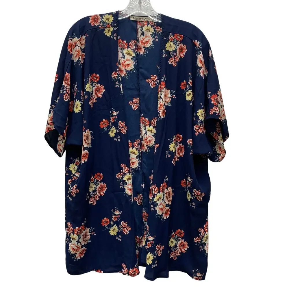 Liberty Love 2X Womens Blue Pink Floral Open Front Flowy Short Sleeve Cardigan
